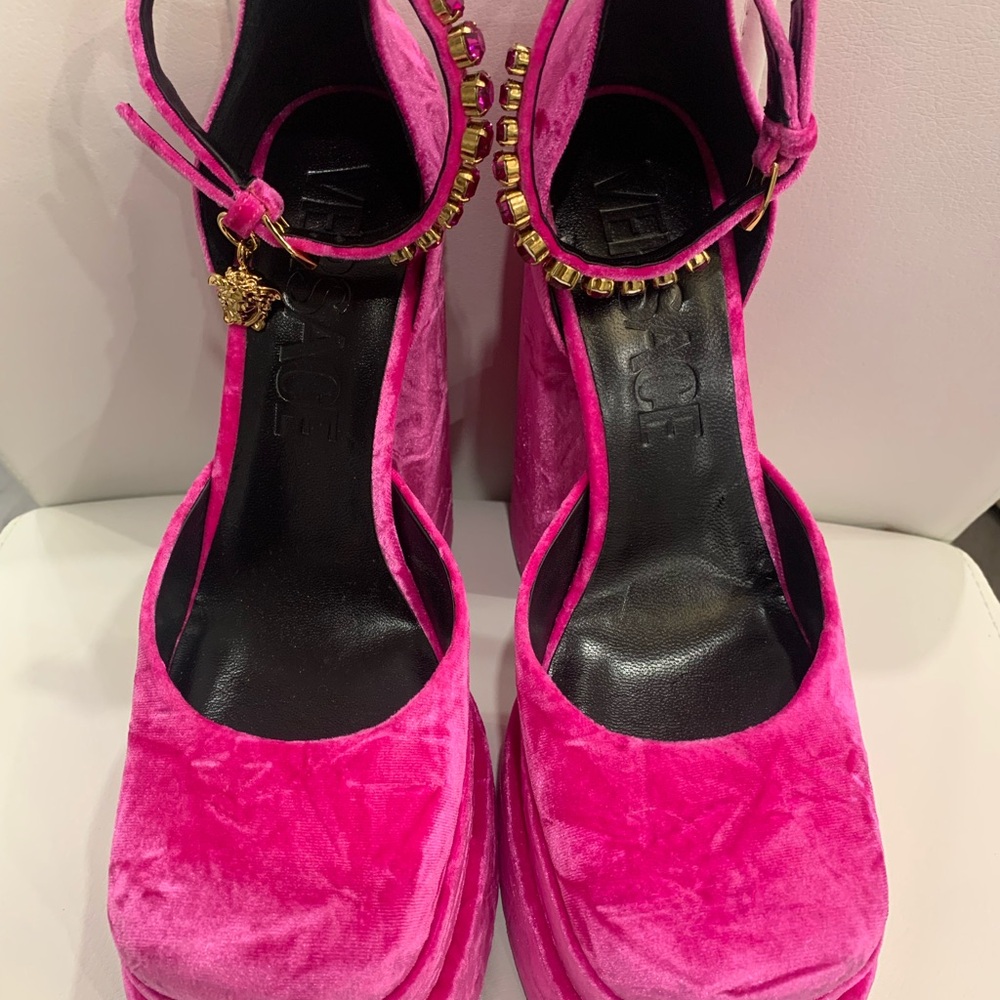 Versace Pink Velvet Platform Heels
